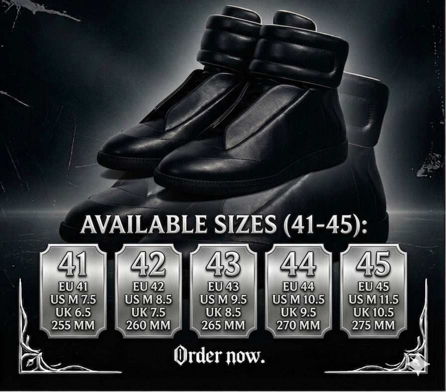 Black high-top sneakers with size chart on a dark background