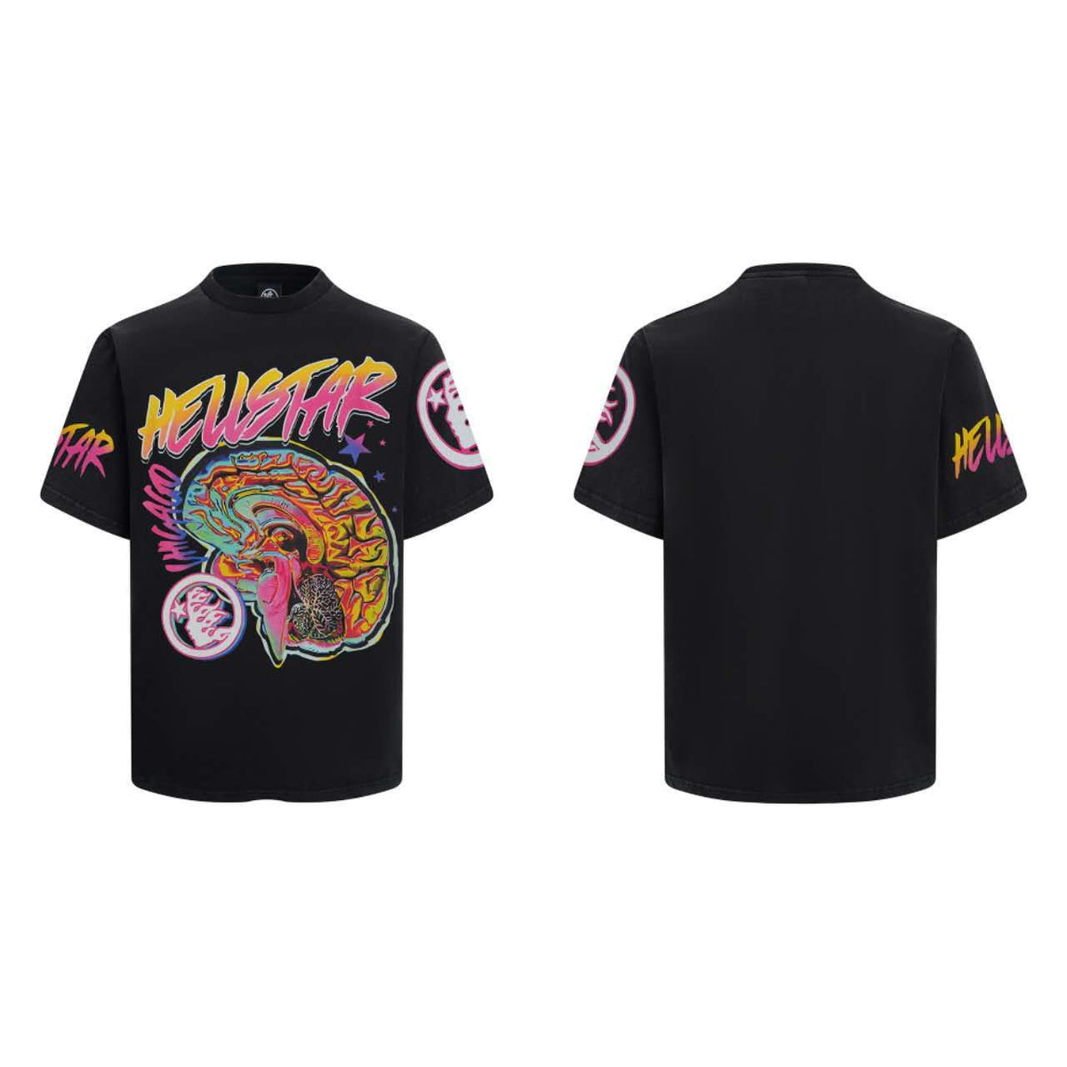 Black t-shirt with colorful graphic design on a white background