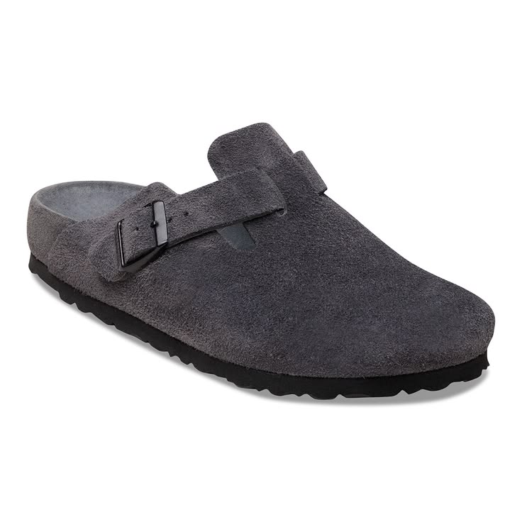 Gray suede clog shoe on a white background