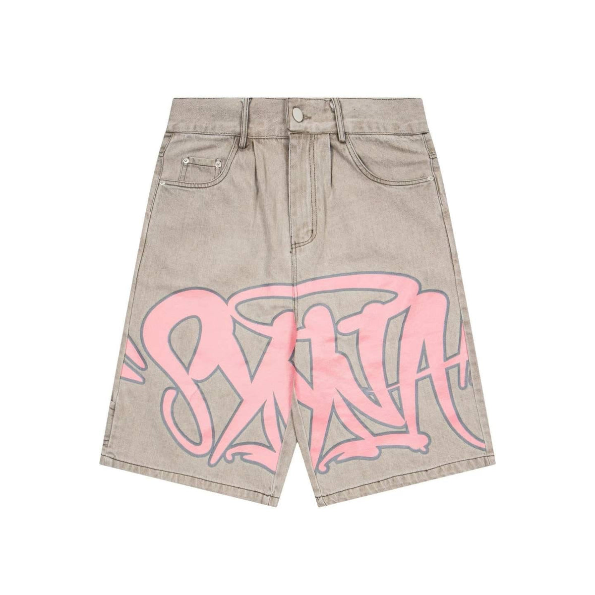 A pair of light gray denim shorts featuring a large pink graffiti-style graphic print across the front, displayed flat against a white background.