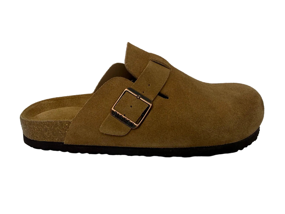 Brown suede clog shoe with a buckle on a white background