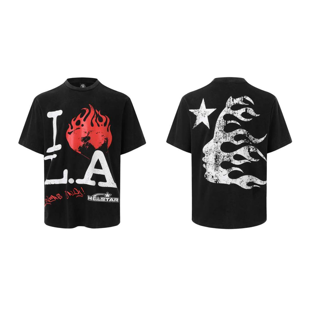 Black t-shirt with red and white graphics on a white background