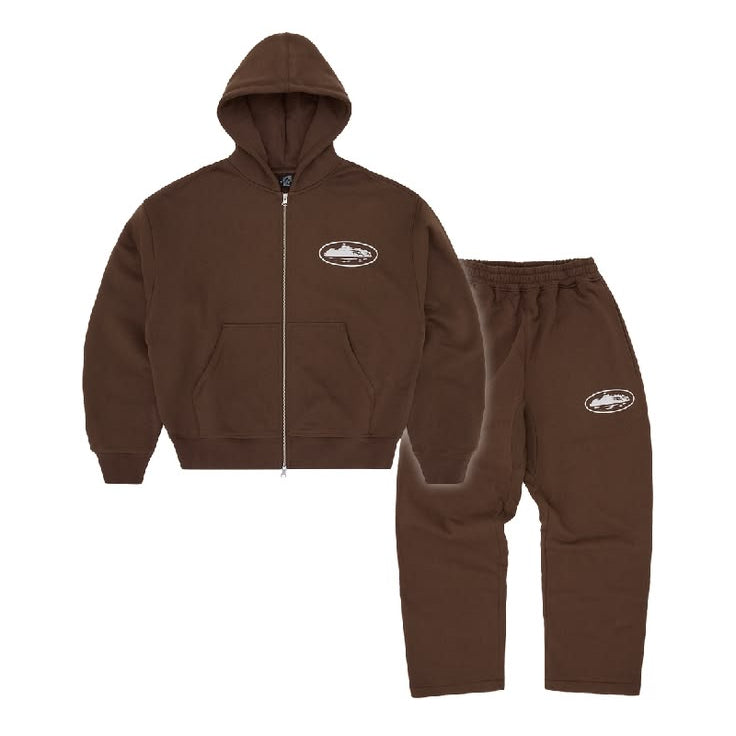 Brown hoodie and pants set with a logo on a white background