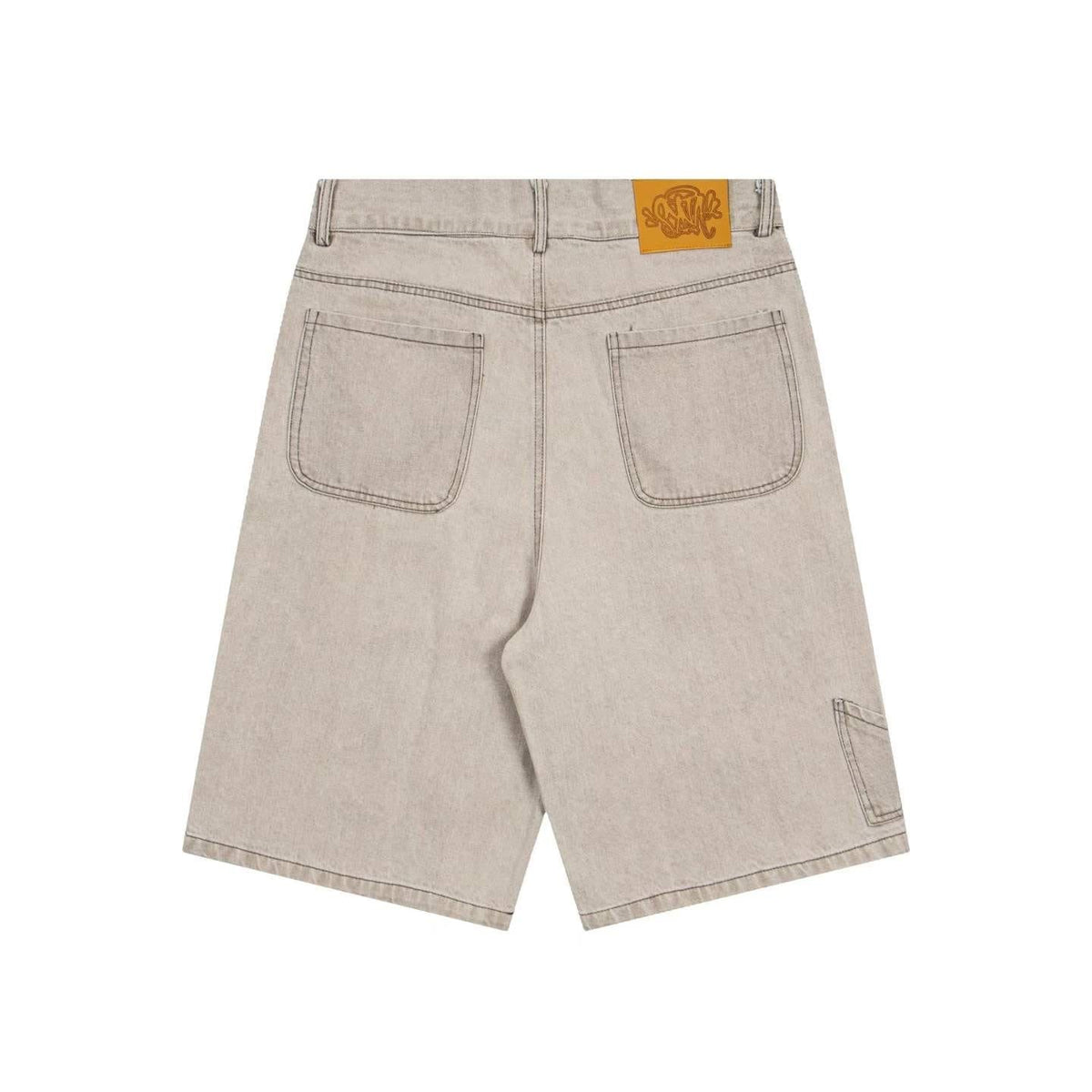 Back view of light beige denim shorts with two back patch pockets and a small orange brand patch on the waistband, shown on a white background.