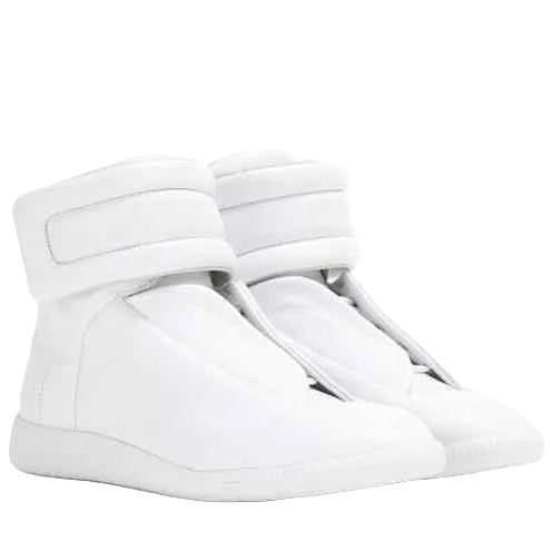 White high-top sneakers on a white background
