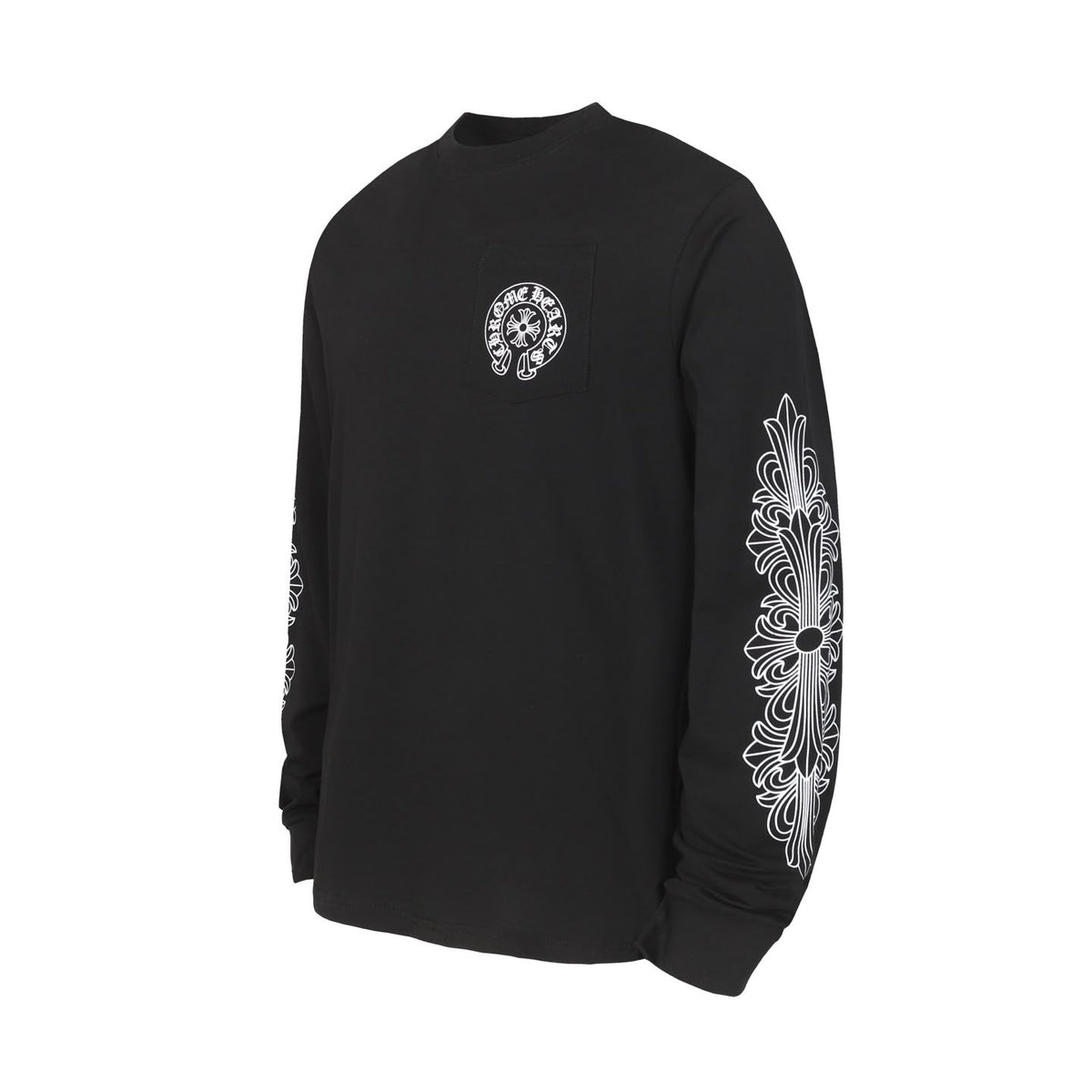 A black long-sleeve crewneck shirt with a white circular graphic on the left chest and a large white floral cross design printed down one sleeve, shown on a plain white background.