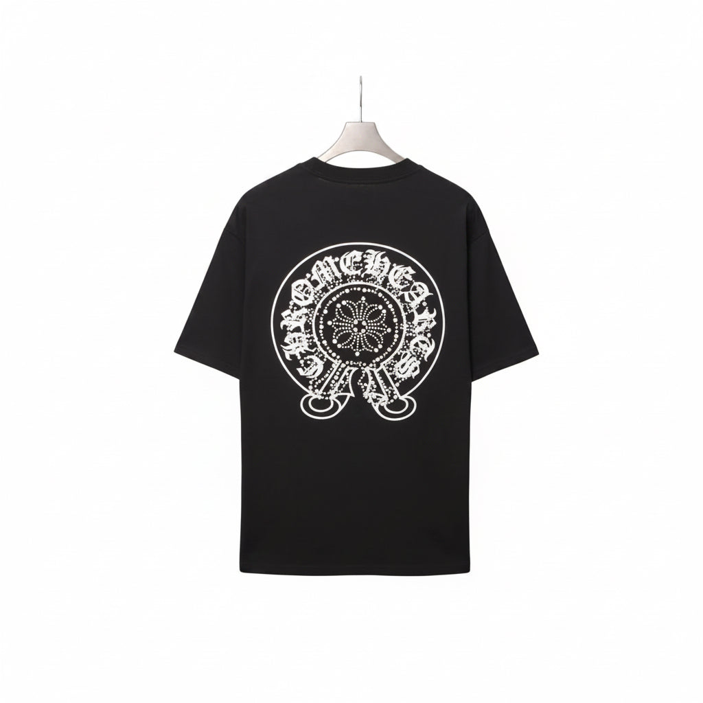 Black t-shirt with white graphic design on a white background
