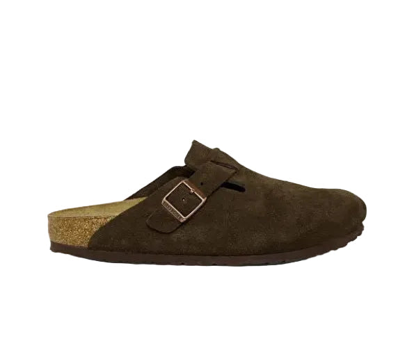 Brown suede sandal with a buckle on a white background