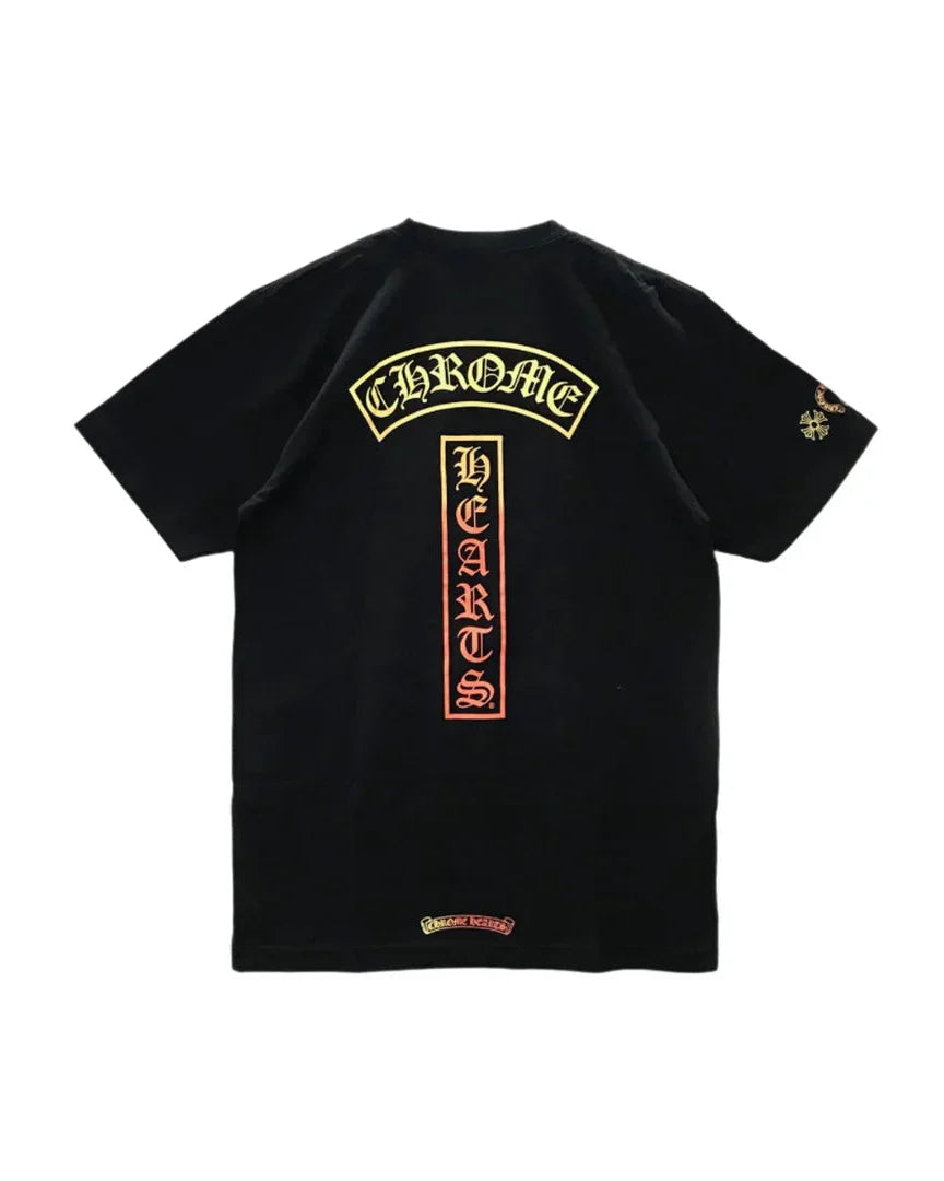 Black t-shirt with yellow and red text on a white background