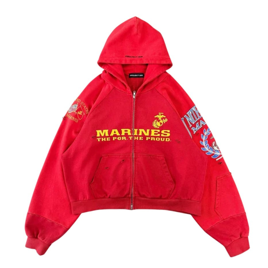 A red zip-up hoodie featuring 'MARINES THE FOR THE PROUD.' in yellow text on the chest, with the Eagle, Globe, and Anchor emblem on the left chest.