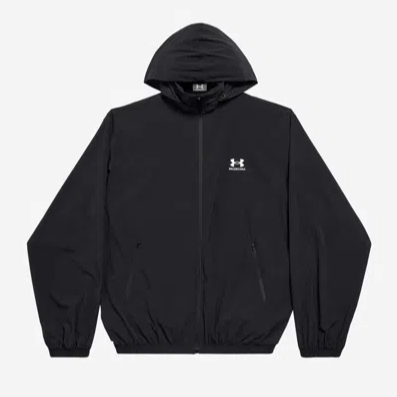 Black hooded jacket with a brand logo on a white background