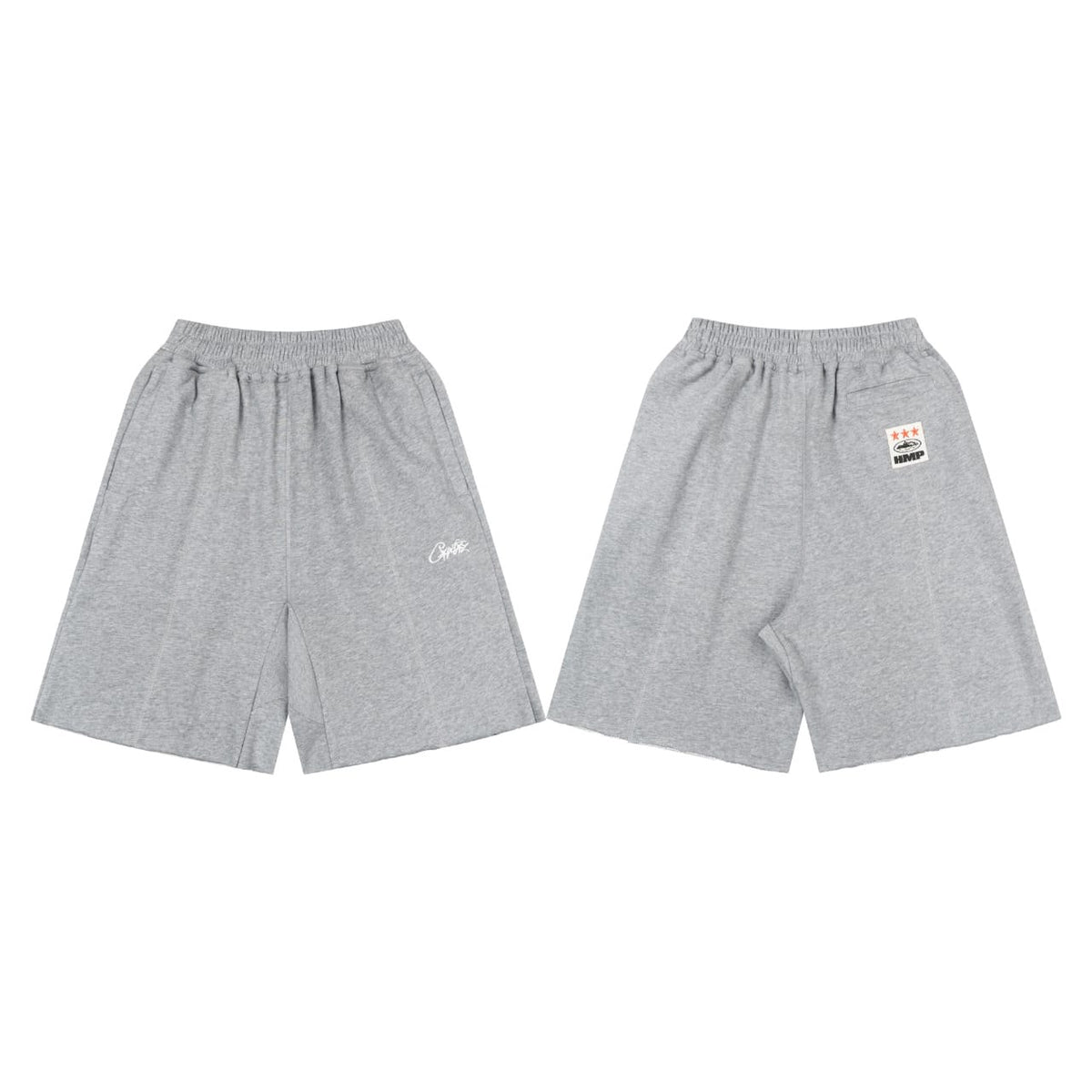 A pair of heather gray athletic shorts shown from both the front and back views on a plain white background. The front view shows a small white script logo on the left leg, while the back view shows a small rectangular brand patch on the right hip.