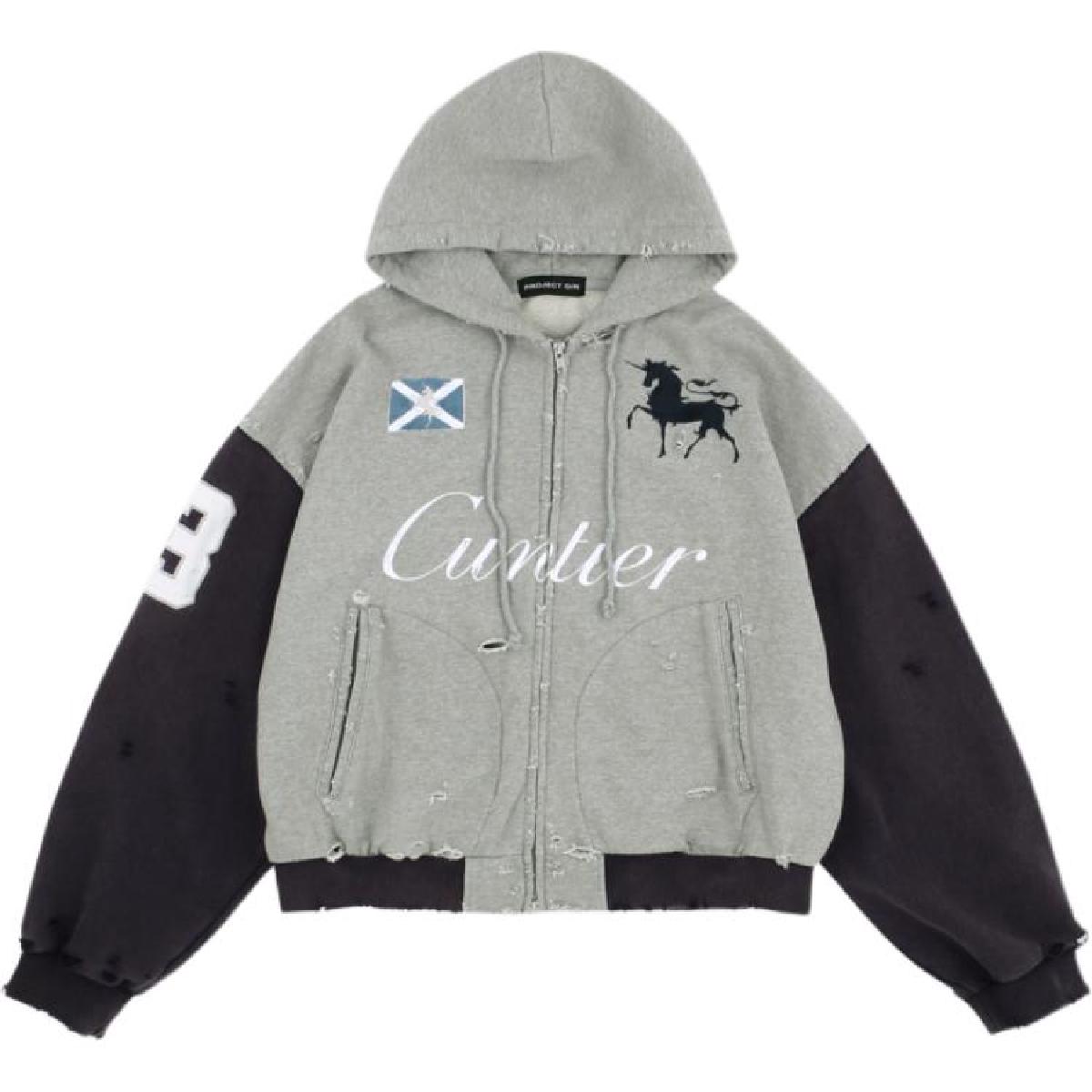 A Cuntier brand zip-up hoodie featuring a light gray body, black sleeves, a distressed finish, and graphic details including a Scottish flag patch, a horse emblem, and a white number 8 on the sleeve.