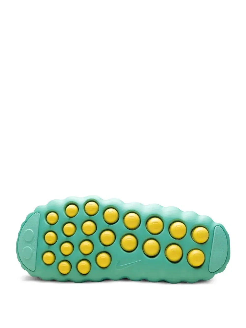 Green fidget toy with yellow buttons on a white background