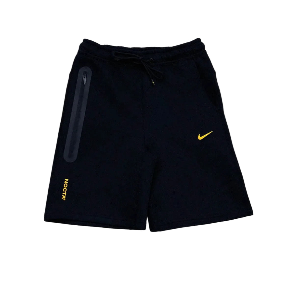 Black shorts with a yellow logo on a gray background