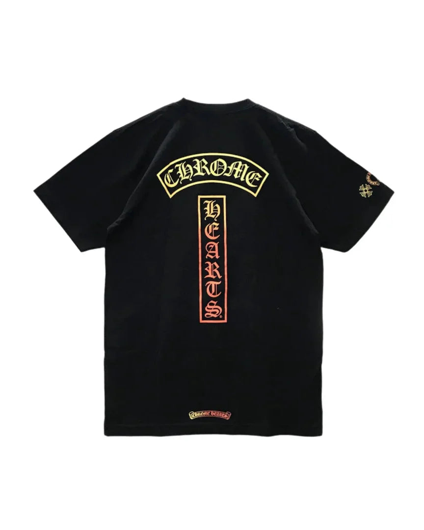 Black t-shirt with yellow and red text on a white background