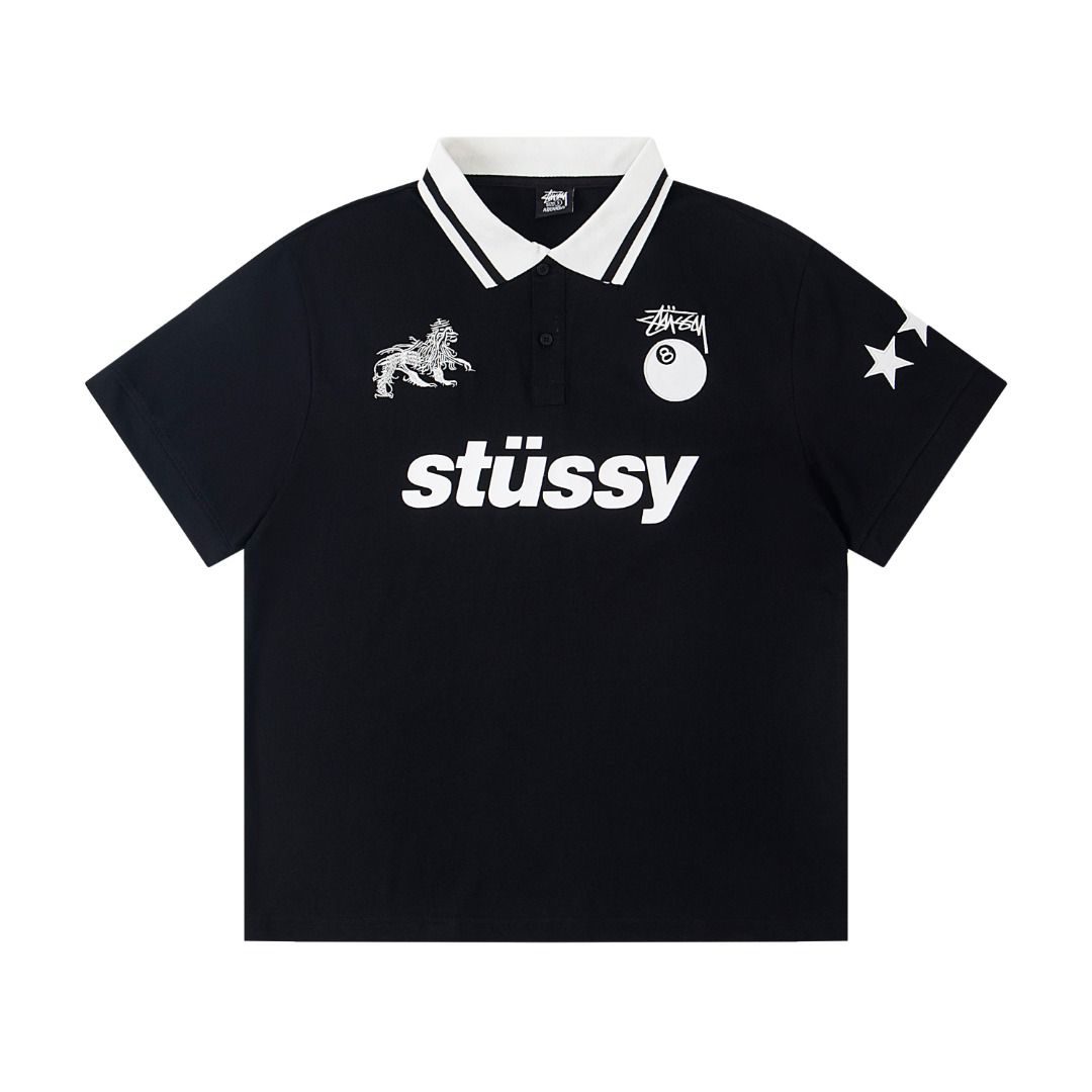 Black polo shirt with white accents and 'stussy' branding on a white background