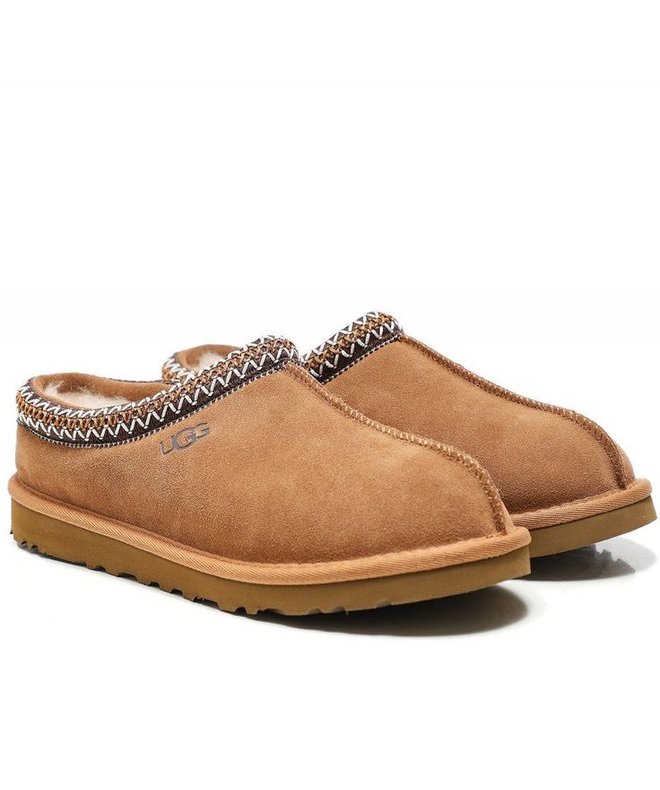 Pair of tan UGG slippers on a white background