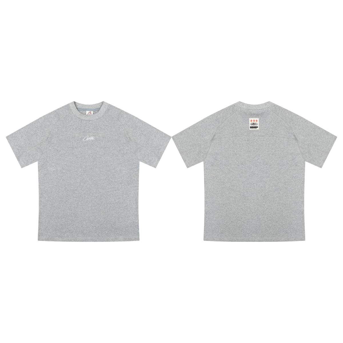 A light gray heather short-sleeve t-shirt shown from both the front and back views against a plain white background.