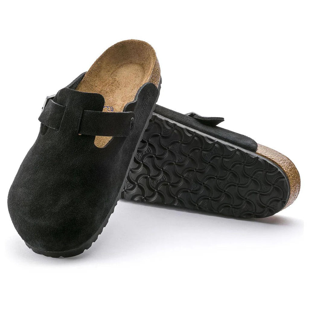Black suede clogs with a textured sole on a white background